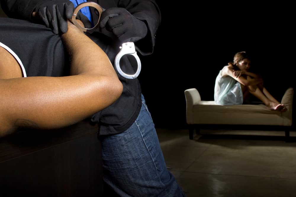 California's Tiered Sex Offender Registry Laws 1 A man being handcuffed in front of a young girl on couch to illustrate sex offender registry violation in California
