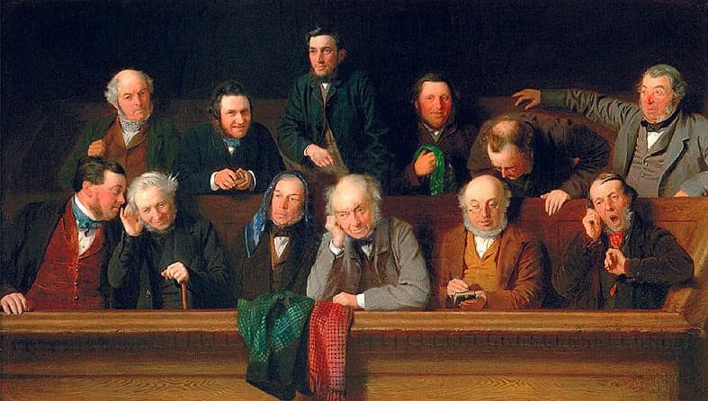 A Definition of Juror Misconduct Along With a Few Examples 1 A historical portrait of men in a jury box to reflect on the issue of misconduct.
