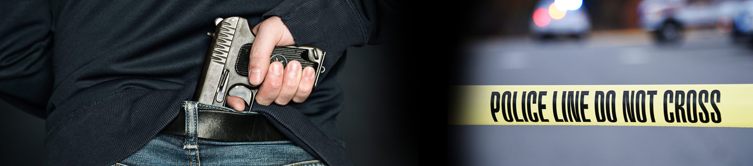 A man holding a gun behind his back and police tape to illustrate violent crimes defense
